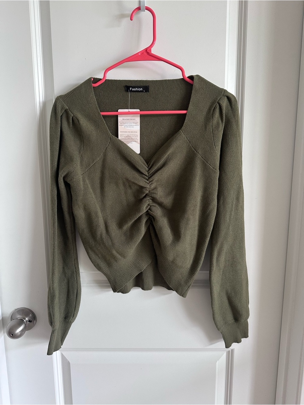 Olive Green Ruched V-Neck Women's Sweater Top